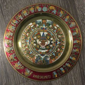 Vintage  Mexican Folk Art Brass Mayan Calendar Wall Hanging